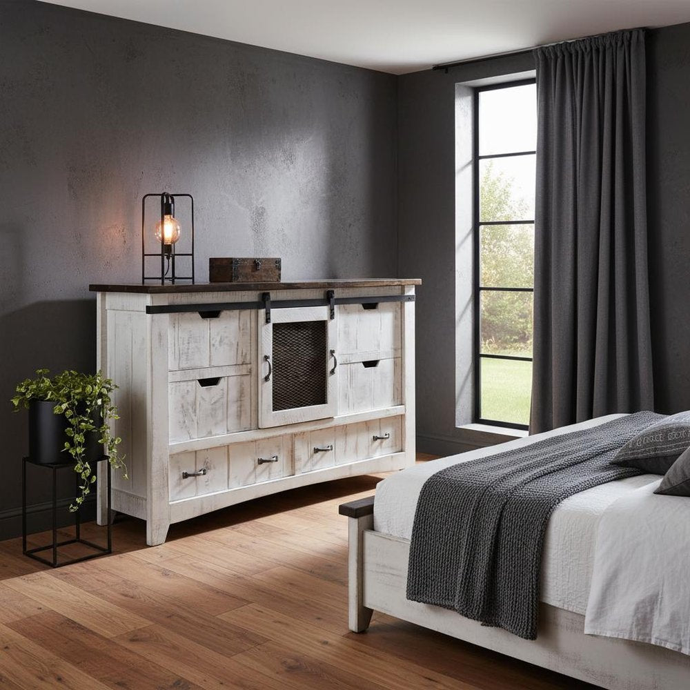 62" Antiqued White Solid Wood Six Drawer Triple Dresser