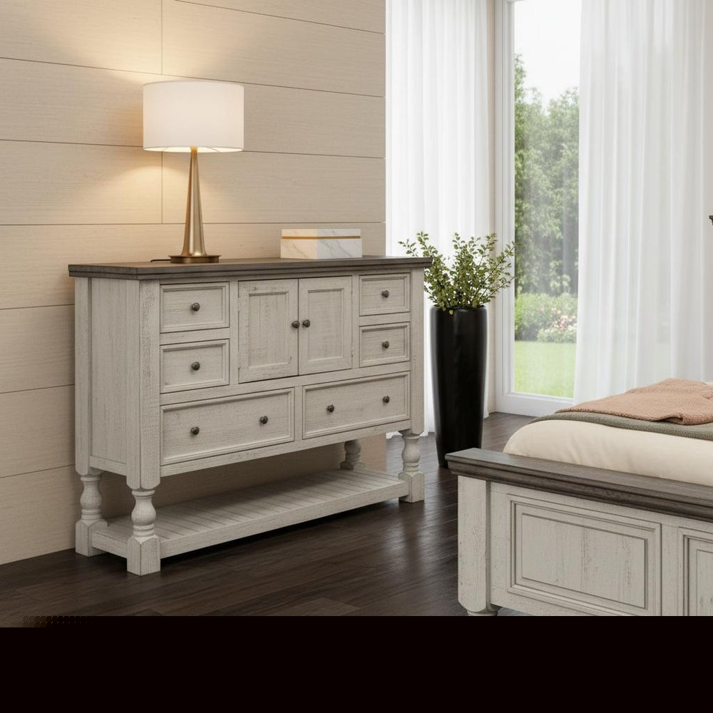 62" Gray and Ivory Solid Wood Six Drawer Triple Dresser