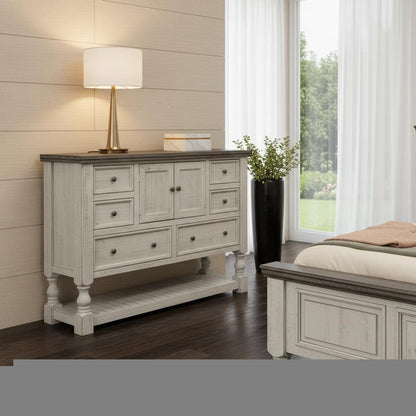 62" Gray and Ivory Solid Wood Six Drawer Triple Dresser