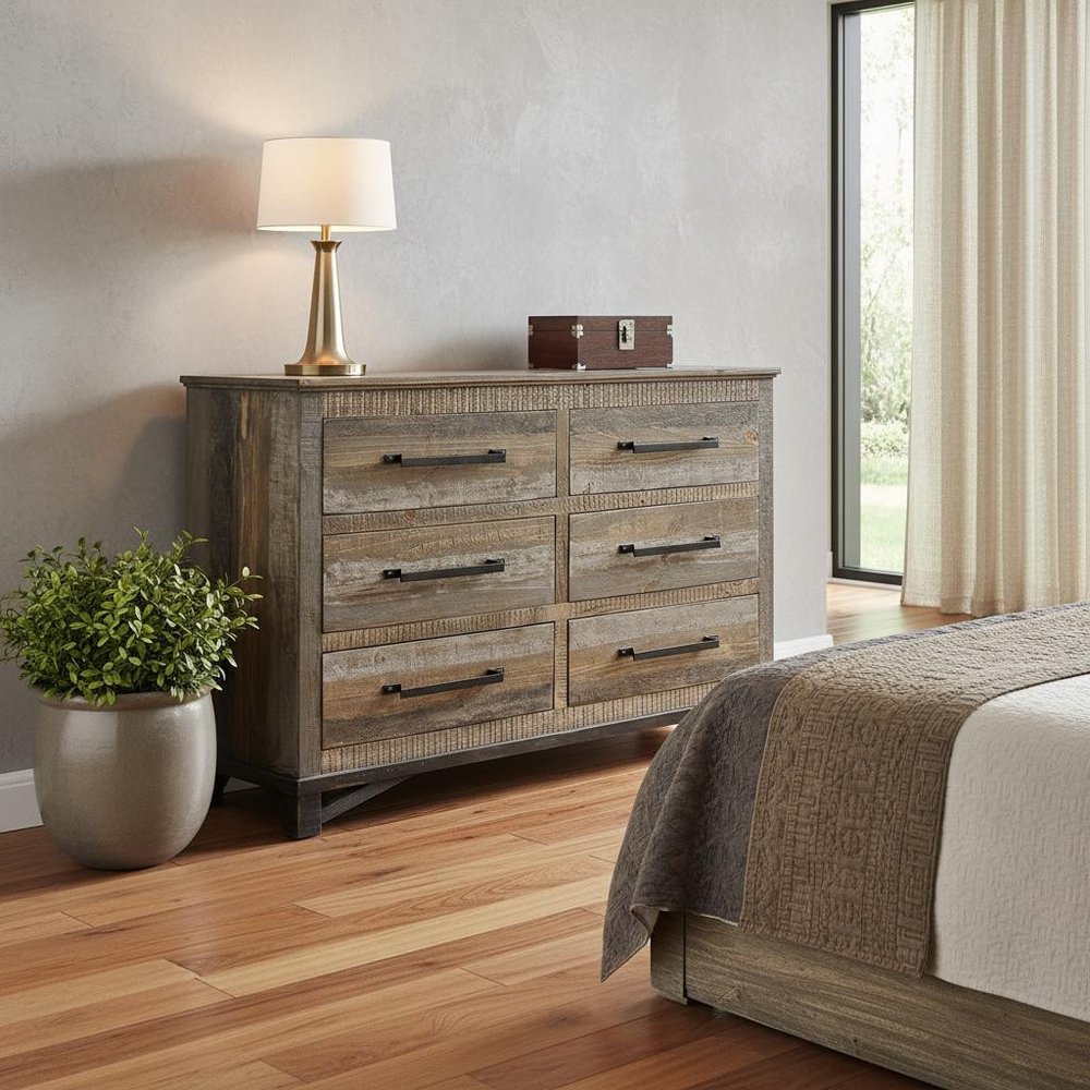 62" Brown Solid Wood Six Drawer Double Dresser