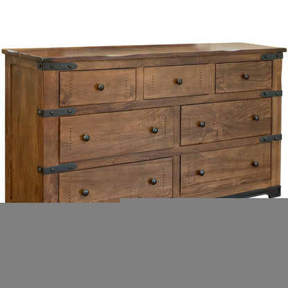 70" Brown and Black Solid Wood Seven Drawer Triple Dresser