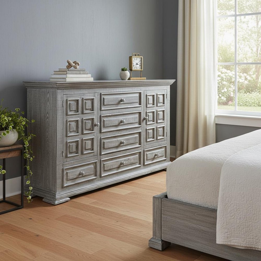 69" Gray Solid Wood Six Drawer Triple Dresser
