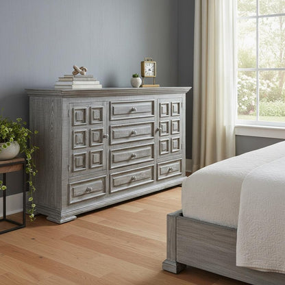 69" Gray Solid Wood Six Drawer Triple Dresser