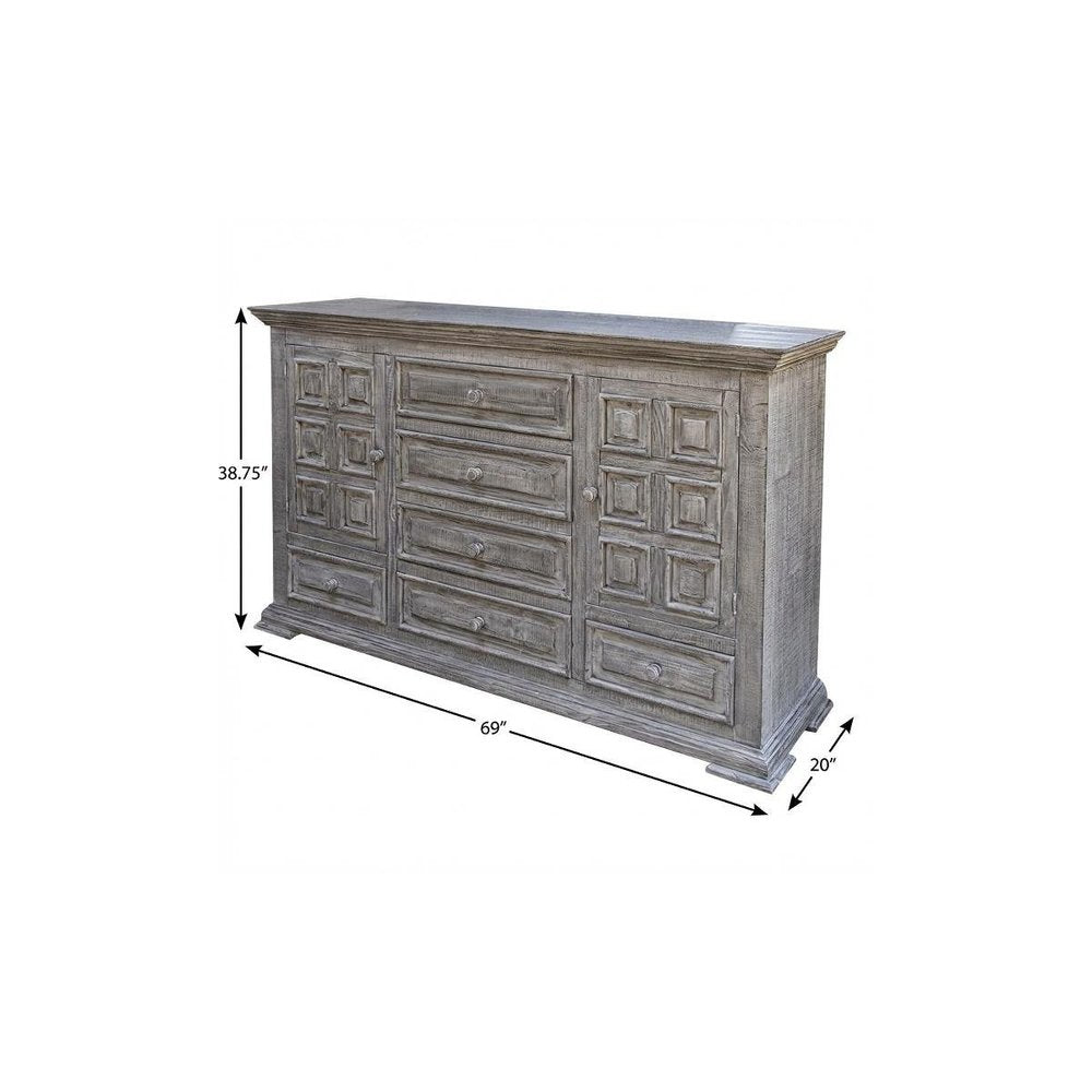 69" Gray Solid Wood Six Drawer Triple Dresser