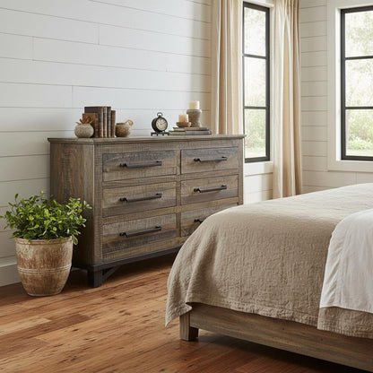 56" Brown Solid Wood Six Drawer Double Dresser