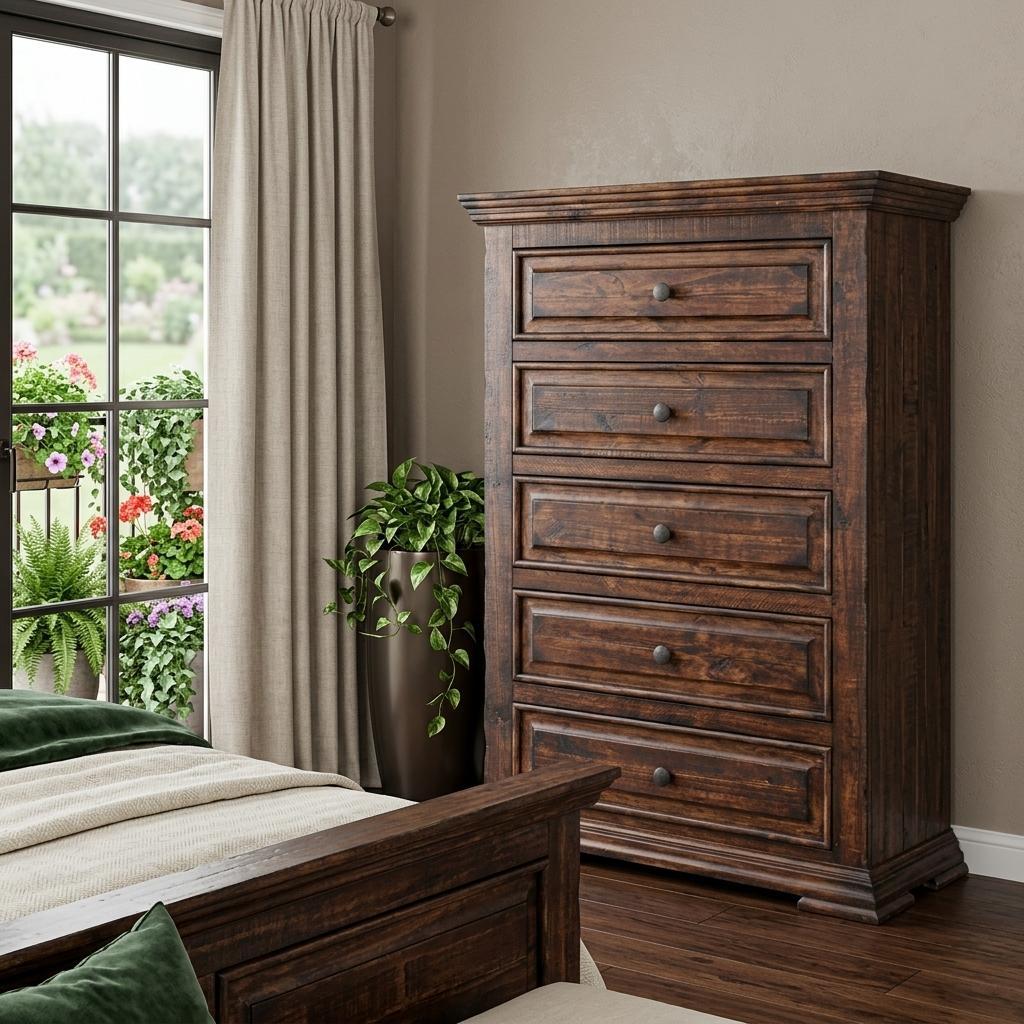 37" Chocolate Solid Wood Five Drawer Dresser