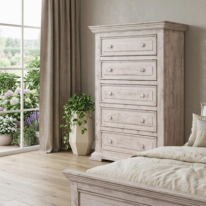 37" White Solid Wood Five Drawer Dresser