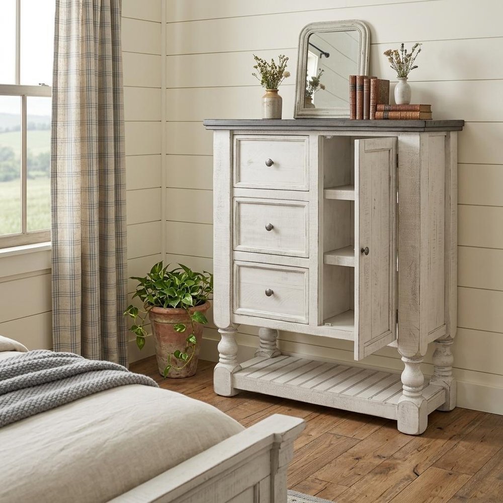 39" Gray And Ivory Solid Wood Three Drawer Dresser