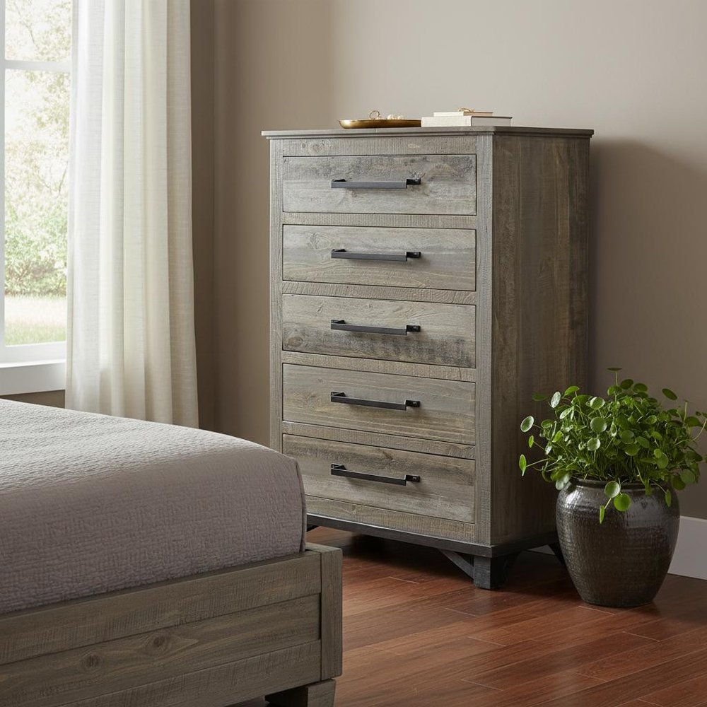 37" Gray Solid Wood Five Drawer Chest