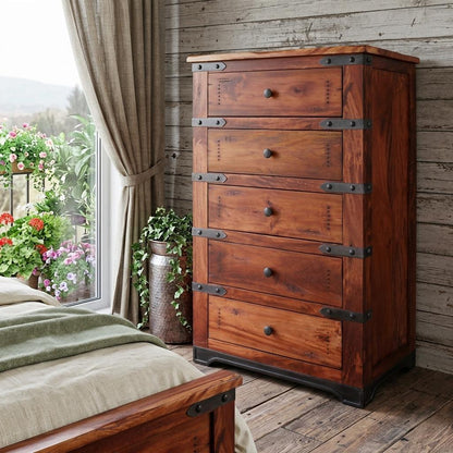 36" Natural Solid Wood Five Drawer Dresser