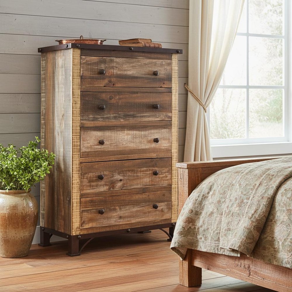 36" Brown Solid Wood Five Drawer Chest