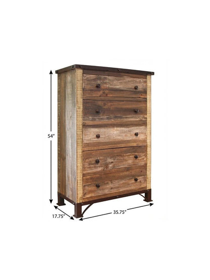 36" Brown Solid Wood Five Drawer Chest