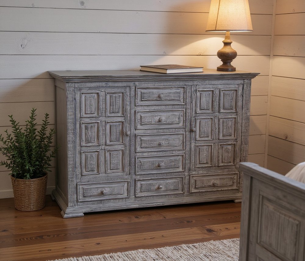 64" Gray Solid Wood Seven Drawer Gentlemans Chest