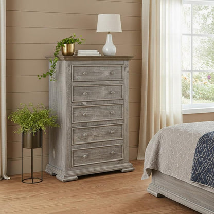37" Gray Solid Wood Five Drawer Chest