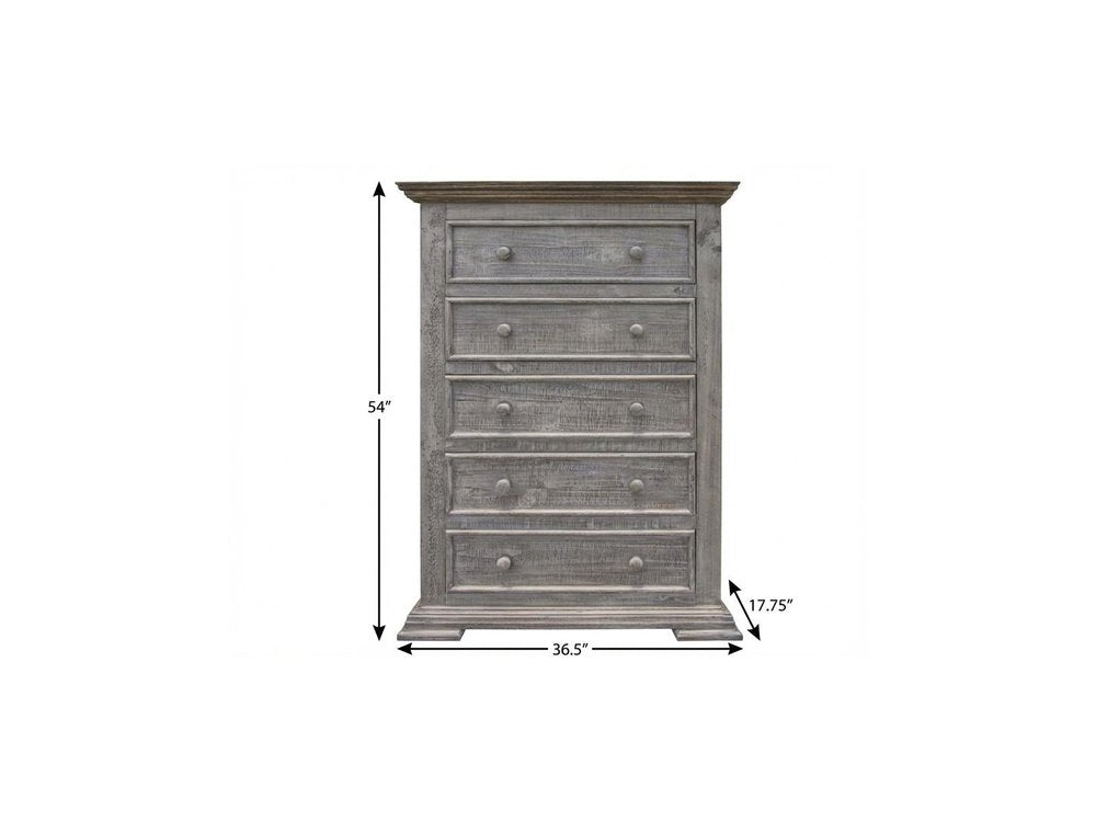 37" Gray Solid Wood Five Drawer Chest
