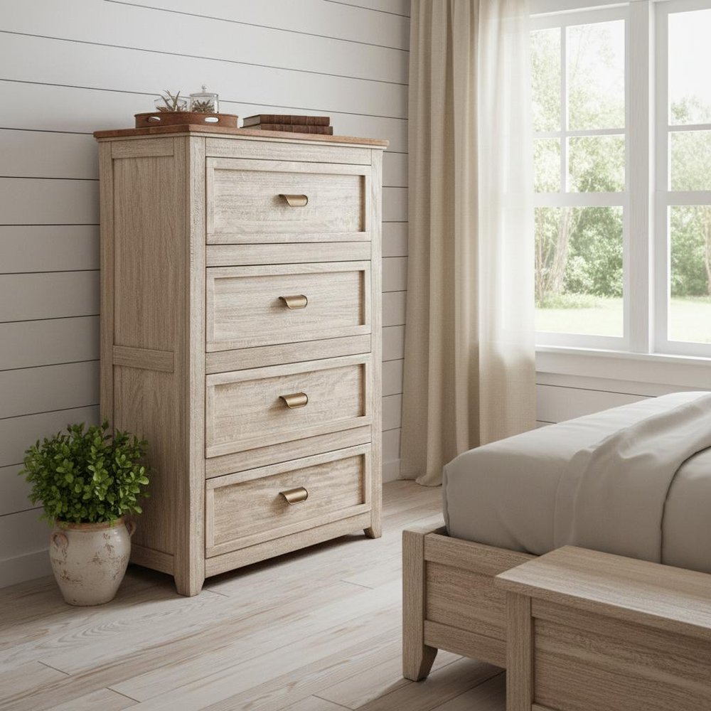 37" Cream Solid Wood Four Drawer Chest