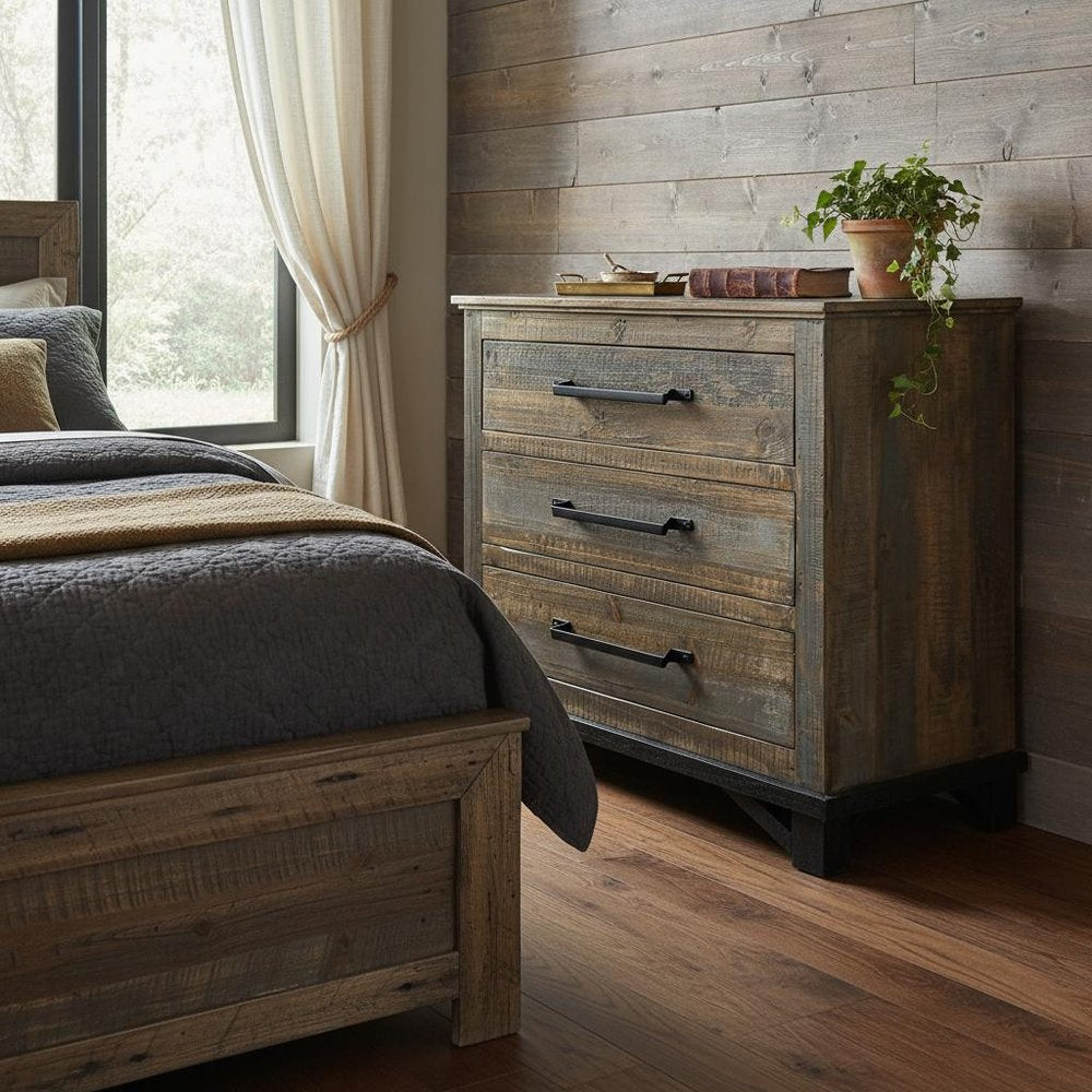 37" Brown and Gray Solid Wood Three Drawer Chest