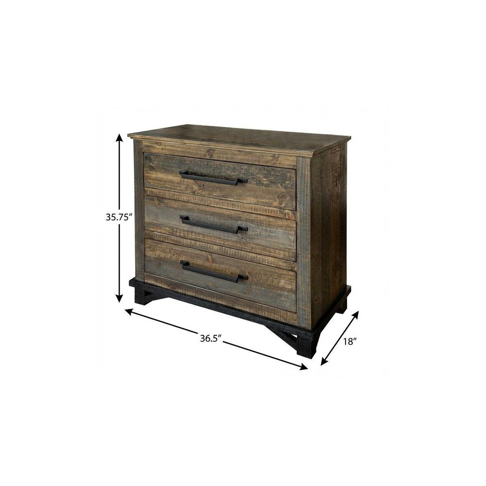 37" Brown and Gray Solid Wood Three Drawer Chest