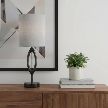 28" Black Solid Wood Round Table Lamp With Gray Drum Shade