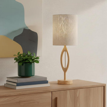 28" Natural Solid Wood Round Table Lamp With Beige Drum Shade