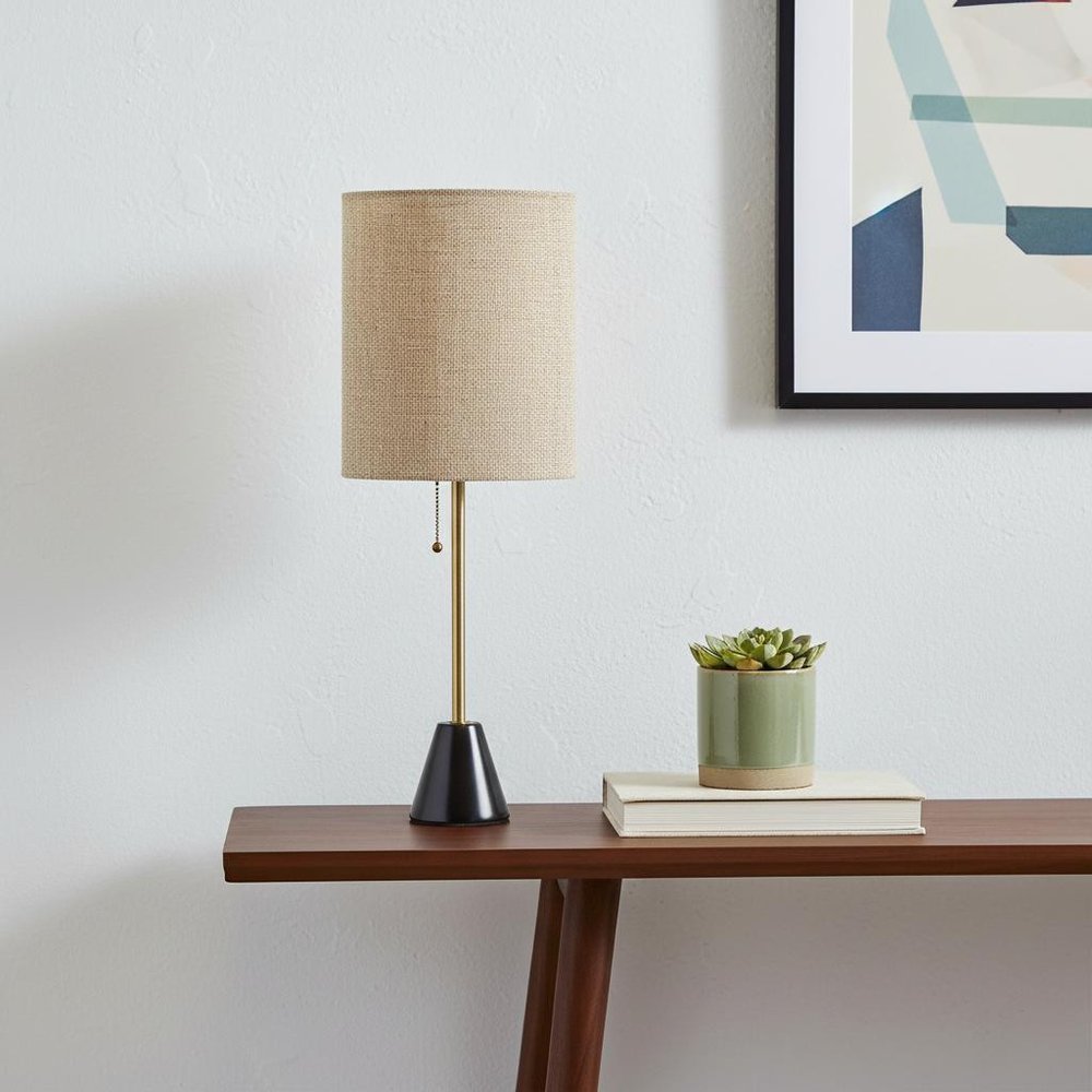 28" Black and Gold Marble and Metal Table Lamp With Beige Drum Shade