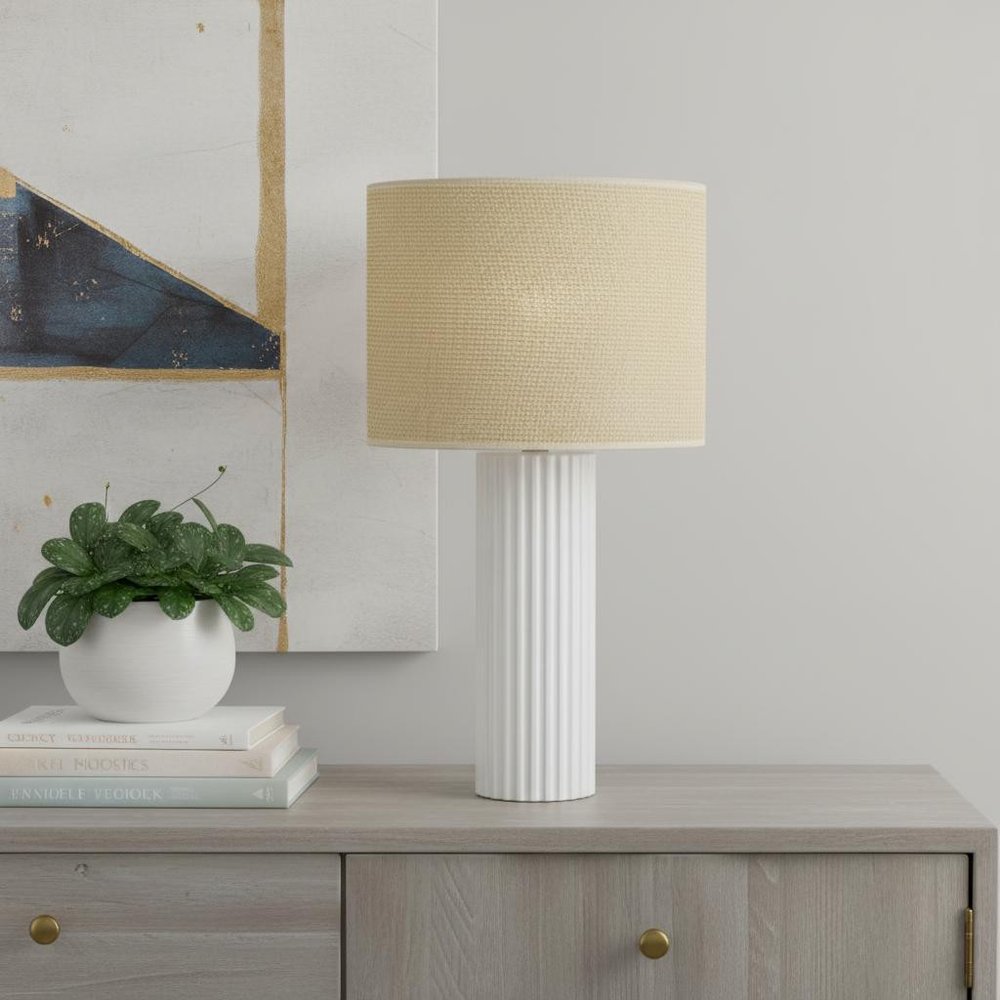 24" White Ceramic Cylinder Table Lamp With Beige Drum Shade