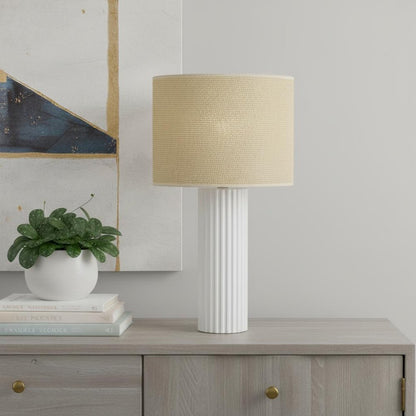 24" White Ceramic Cylinder Table Lamp With Beige Drum Shade