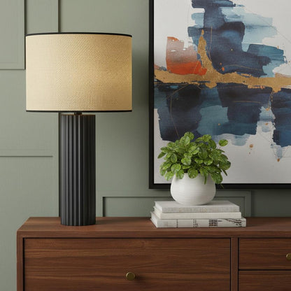 29" Black Ceramic Cylinder Table Lamp With Beige Drum Shade