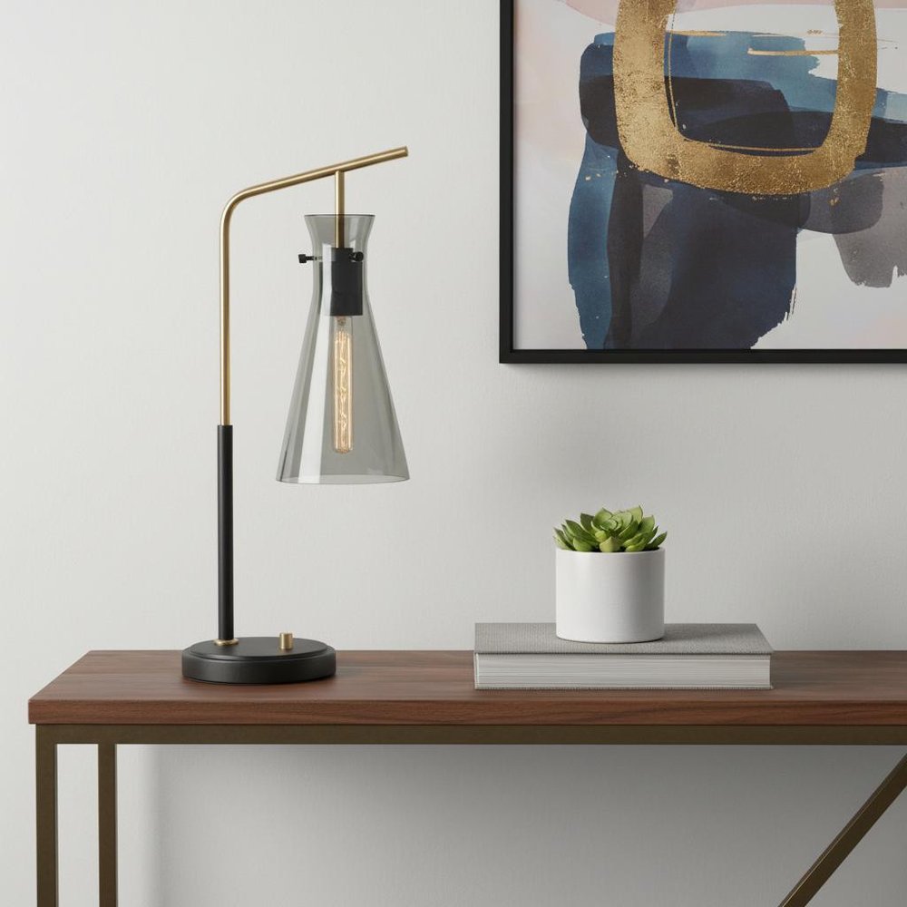 24" Black and Gold Metal Desk Lamp With Light Gray Cone Shade