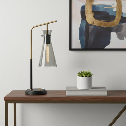 24" Black and Gold Metal Desk Lamp With Light Gray Cone Shade