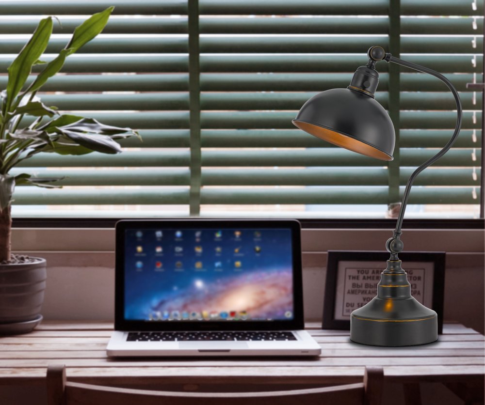 25" Distressed Gray Metal Adjustable Desk Lamp With Gray Dome Shade