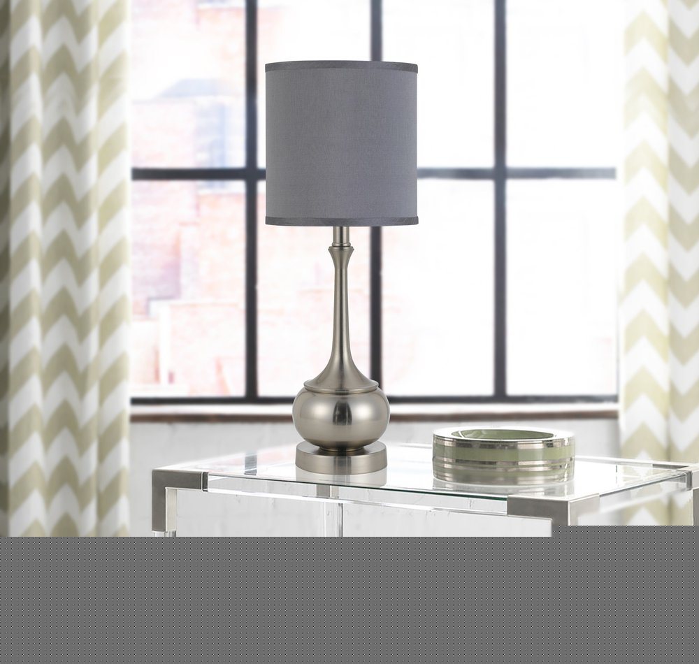 25" Nickel Metal Round Table Lamp With Gray Cone Shade