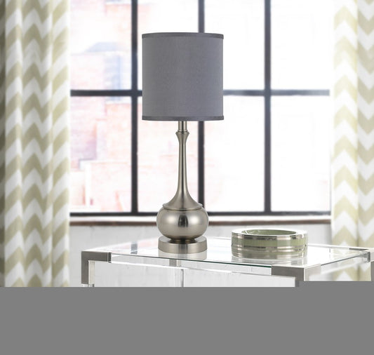25" Nickel Metal Round Table Lamp With Gray Cone Shade
