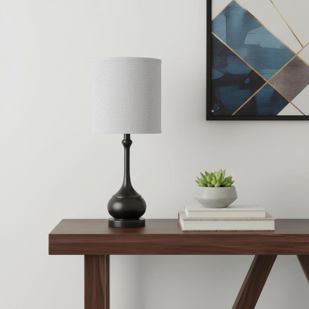 25" Blackened Bronze Metal Round Table Lamp With Off White Drum Shade