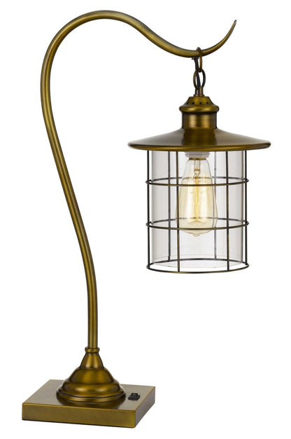 25" Antiqued Brass Metal Lantern Desk Lamp With Antiqued Brass Drum Shade