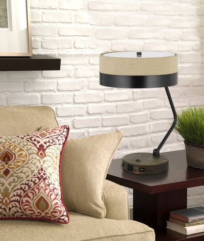 20" Black And Brown Wood And Metal Two Light USB Table Lamp With Beige And Black Shade
