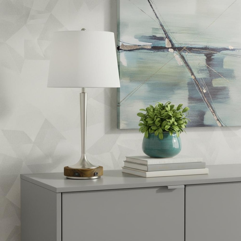 29" Nickel Metal Usb Table Lamp With Off White Empire Shade