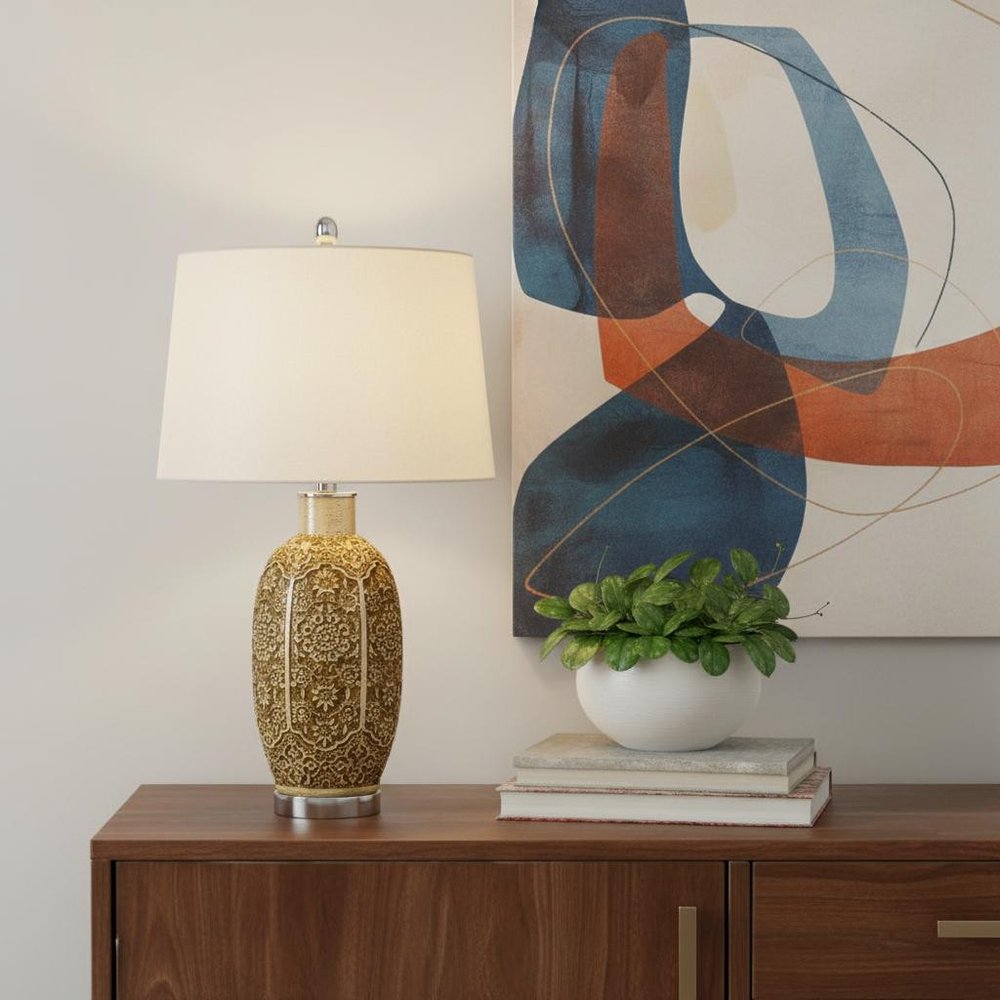 29" Brown Metal Table Lamp With Off White Empire Shade