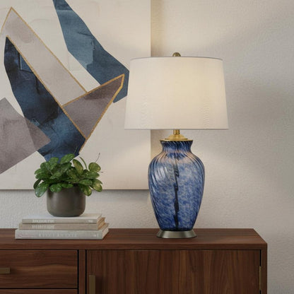 28" Blue Swirl Glass Table Lamp With White Empire Shade