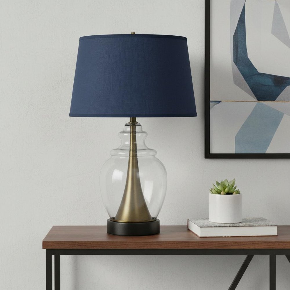 30" Black Metal Urn Table Lamp With Navy Blue Empire Shade