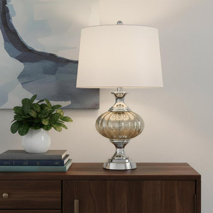 27" Silver Metallic Metal Table Lamp With White Empire Shade