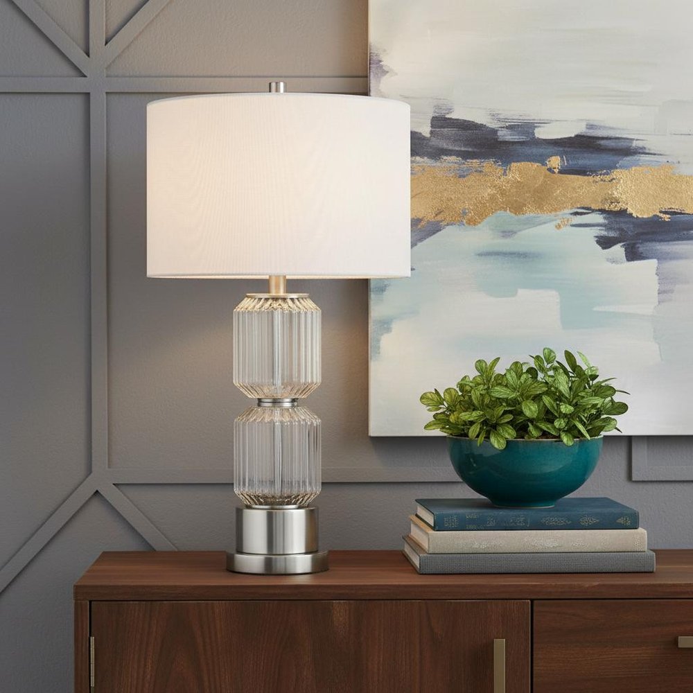 28" Nickel Metal Table Lamp With White Drum Shade