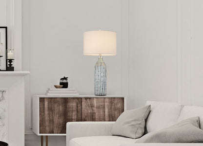 30" Gray And Aqua Glass Table Lamp With White Drum Shade