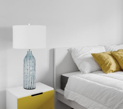 30" Gray And Aqua Glass Table Lamp With White Drum Shade