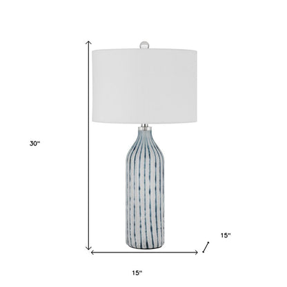 30" Gray And Aqua Glass Table Lamp With White Drum Shade