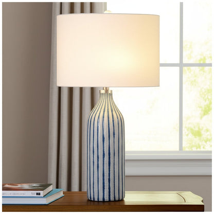 30" Gray And Aqua Glass Table Lamp With White Drum Shade