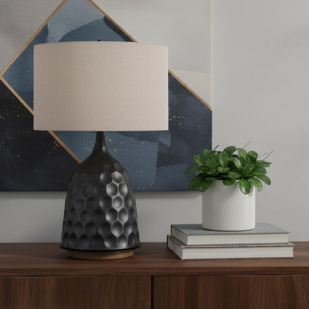 29" Gray Metal Table Lamp With Brown Drum Shade