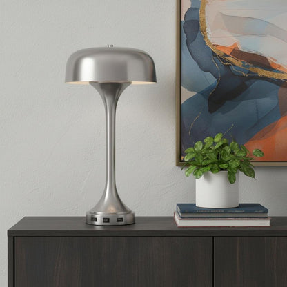 22" Nickel Metal Two Light Usb Table Lamp With Nickel Dome Shade