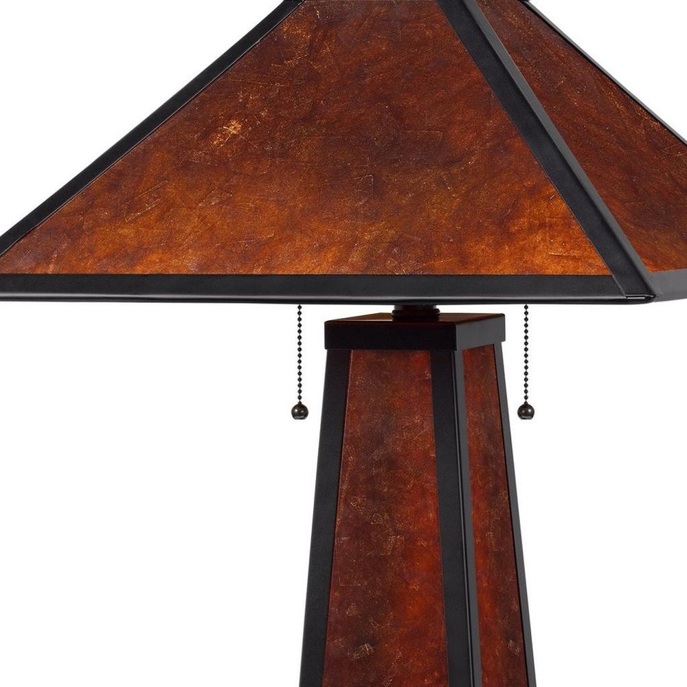 24" Burnt Orange Metal Two Light Table Lamp With Amber Square Shade