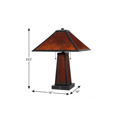 24" Burnt Orange Metal Two Light Table Lamp With Amber Square Shade